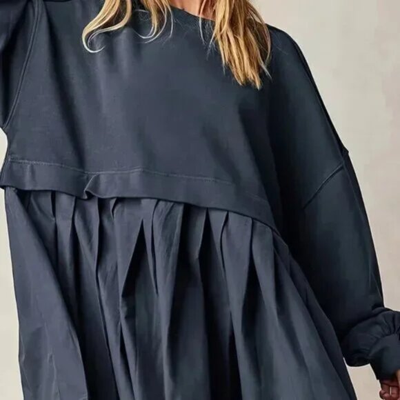 Long Sleeve Pleated Hem Sweater Dress Muted Navy Blue - Picture 4 of 4